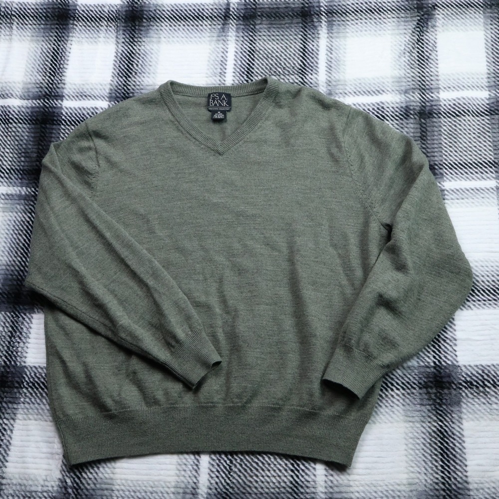 Jos A Bank Executive Collection Sage Green Wool Blend V-Neck Sweater Mens M